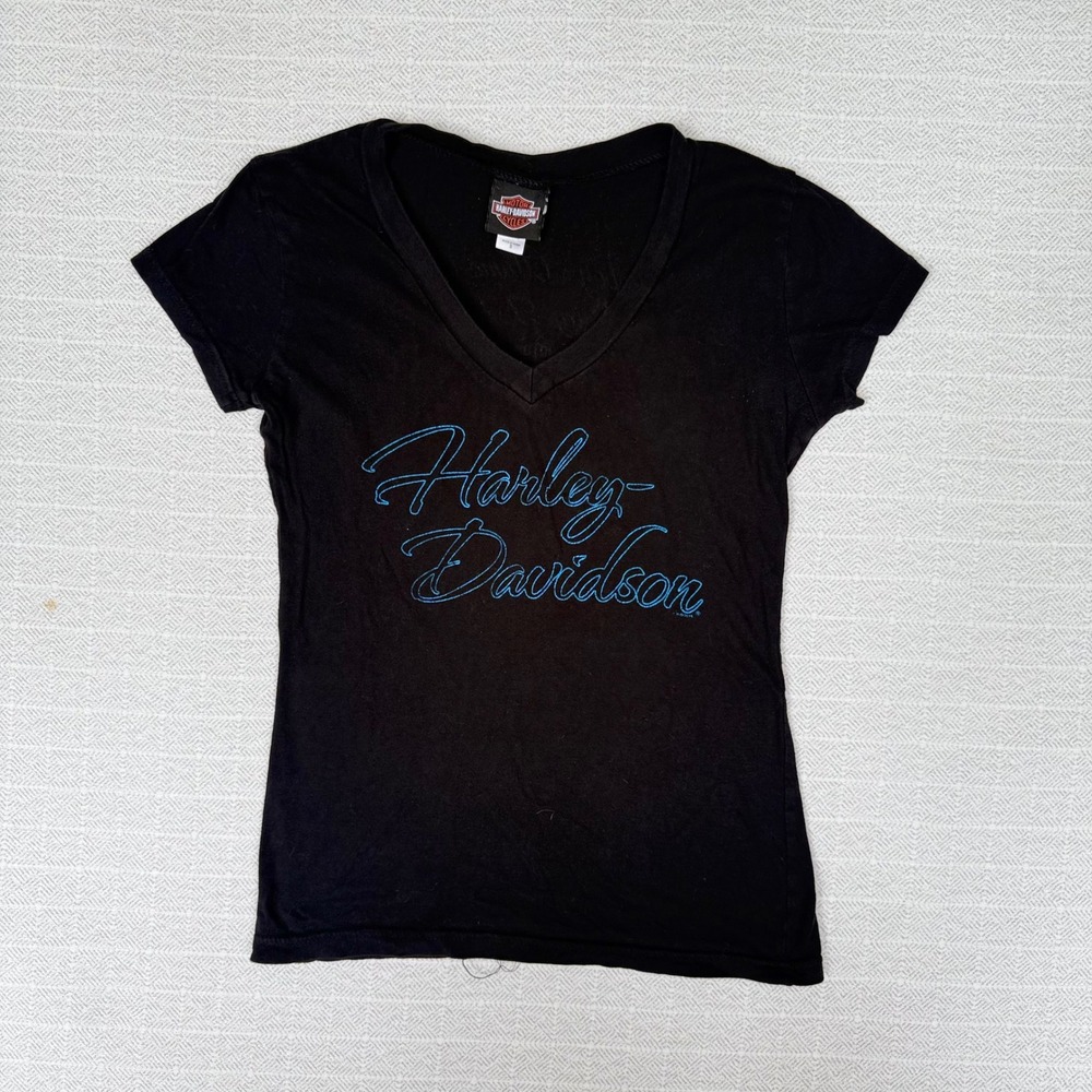 Harley Davidson V-Neck Graphic T-Shirt Black Blue Script San Antonio TX Small